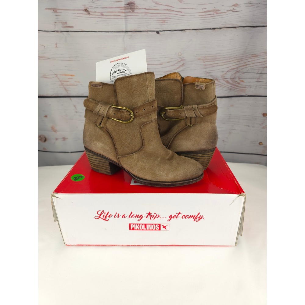 Pikolinos Womens Tan Stone Suede Ankle‎ Boots Buckle Zip Side Block Heel Size 36